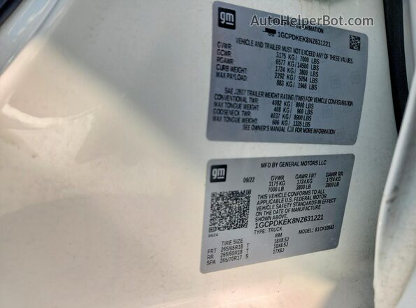 1GCPDKEK8NZ631221 2022 CHEVROLET SILVERADO White VIN კოდის სტიკერის ხედი