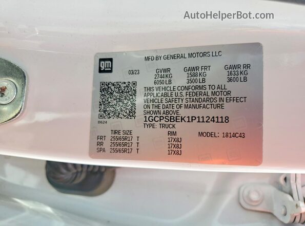 1GCPSBEK1P1124118 2023 CHEVROLET COLORADO White Vista de la etiqueta del VIN