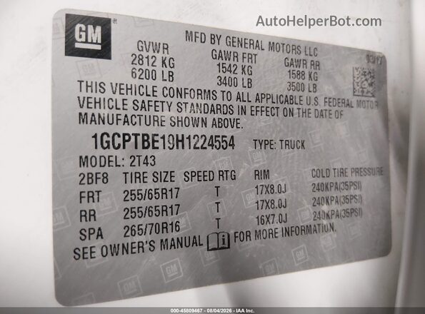 1GCPTBE19H1224554 2017 CHEVROLET COLORADO White Շարժիչի բաժամունքի տեսք