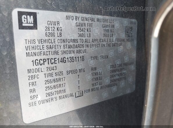 1GCPTCE14G1351118 2016 CHEVROLET COLORADO Gray Вид підкапотного простору