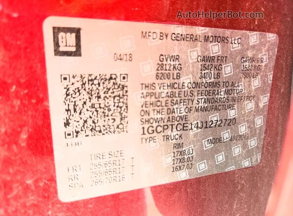 1GCPTCE14J1272720 2018 CHEVROLET COLORADO Красный Вид подкапотного пространства