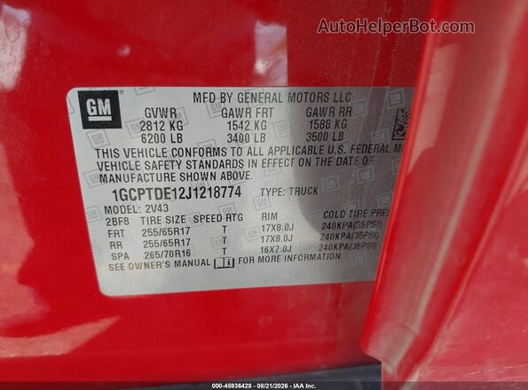 1GCPTDE12J1218774 2018 CHEVROLET COLORADO Red Vista del compartimento del motor