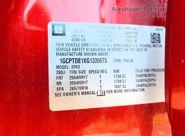1GCPTDE1XG1335673 2016 CHEVROLET COLORADO Red Вид підкапотного простору