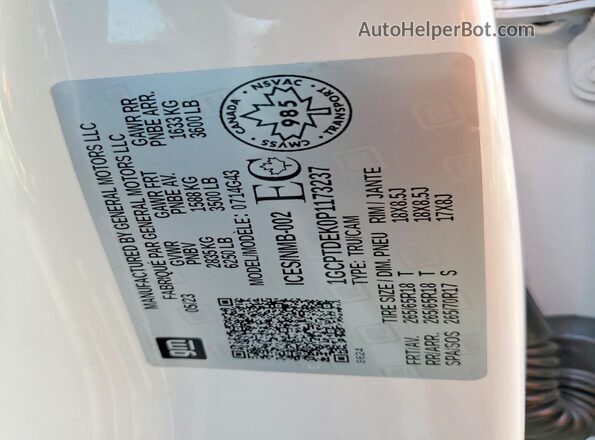 1GCPTDEK0P1173237 2023 CHEVROLET COLORADO Белый Вид наклейки с VIN-кодом