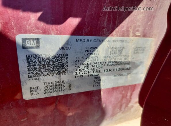 1GCPTEE13K1136642 2019 CHEVROLET COLORADO Red ძრავის განყოფილების ხედი