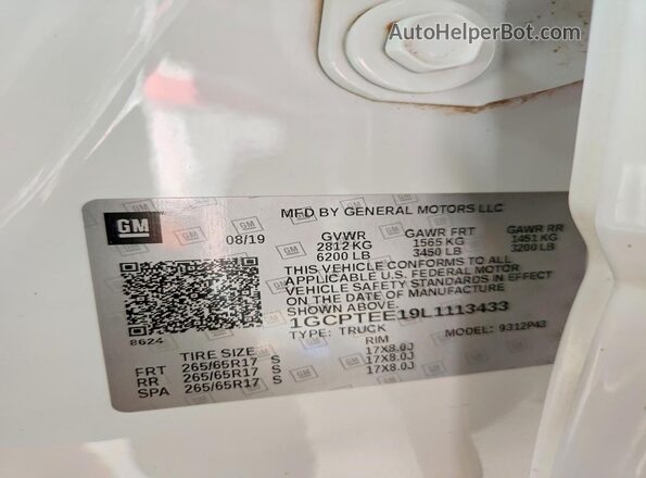 1GCPTEE19L1113433 2020 CHEVROLET COLORADO White ძრავის განყოფილების ხედი