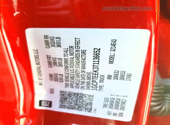 1GCPTEEK3T1136652 2026 CHEVROLET COLORADO Red VIN կոդի պիտակի տեսք