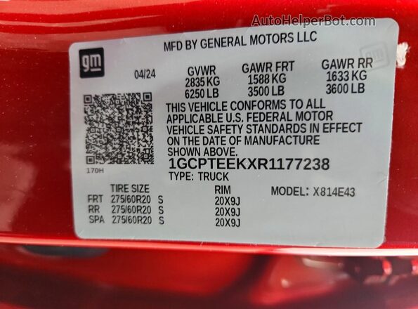 1GCPTEEKXR1177238 2024 CHEVROLET COLORADO Red Շարժիչի բաժամունքի տեսք