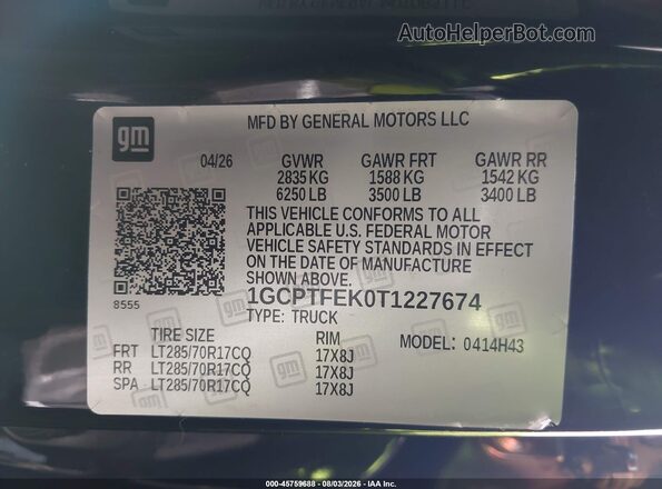 1GCPTFEK0T1227674 2026 CHEVROLET COLORADO Black Вид підкапотного простору