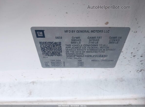 1GCPWAEH2KZ318430 2019 CHEVROLET SILVERADO White Вид підкапотного простору
