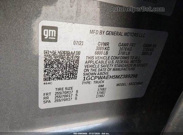 1GCPWAEH5MZ389298 2021 CHEVROLET SILVERADO Gray Vista del compartimento del motor