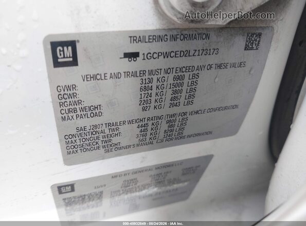 1GCPWCED2LZ173173 2020 CHEVROLET SILVERADO White Widok komory silnika