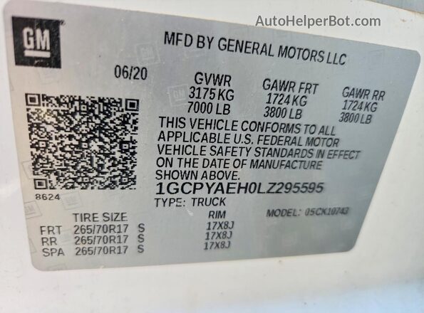 1GCPYAEH0LZ295595 2020 CHEVROLET SILVERADO Белый Вид подкапотного пространства