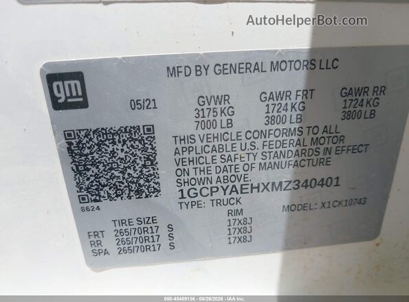 1GCPYAEHXMZ340401 2021 CHEVROLET SILVERADO White Вид підкапотного простору