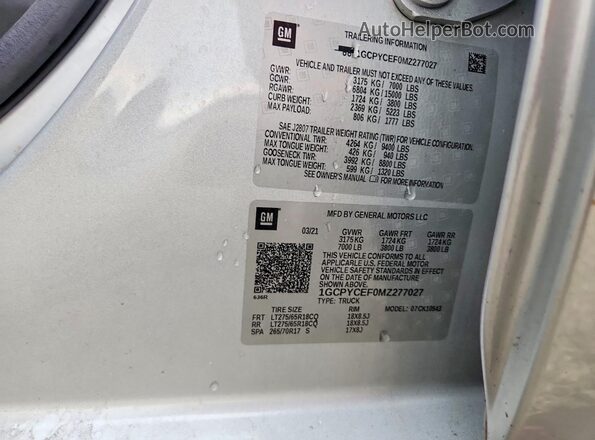 1GCPYCEF0MZ277027 2021 CHEVROLET SILVERADO Silver Widok naklejki z numerem VIN