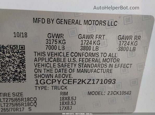 1GCPYCEF2KZ171093 2019 CHEVROLET SILVERADO White Widok komory silnika