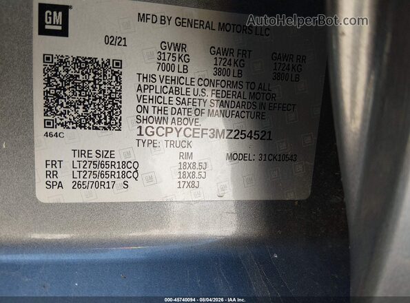 1GCPYCEF3MZ254521 2021 CHEVROLET SILVERADO Gray Շարժիչի բաժամունքի տեսք