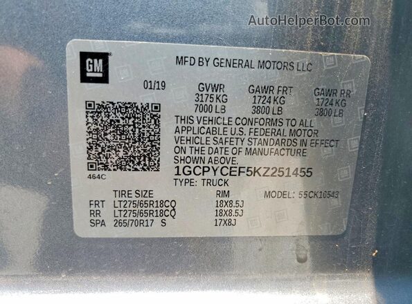 1GCPYCEF5KZ251455 2019 CHEVROLET SILVERADO Gray VIN კოდის სტიკერის ხედი