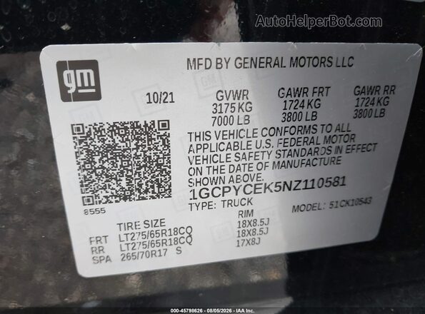1GCPYCEK5NZ110581 2022 CHEVROLET SILVERADO Black Widok komory silnika