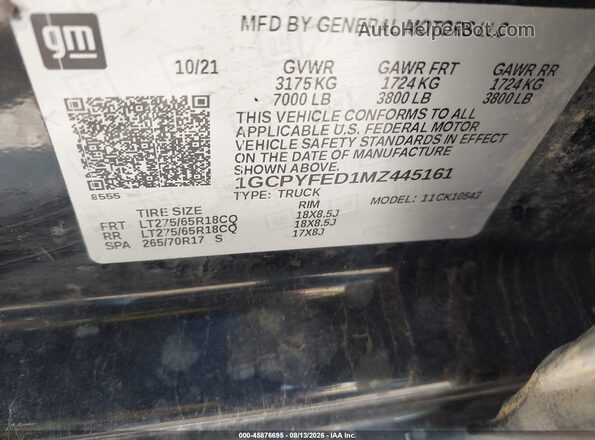 1GCPYFED1MZ445161 2021 CHEVROLET SILVERADO Black Vista del compartimento del motor