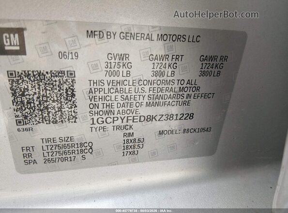 1GCPYFED8KZ381228 2019 CHEVROLET SILVERADO Gray Շարժիչի բաժամունքի տեսք