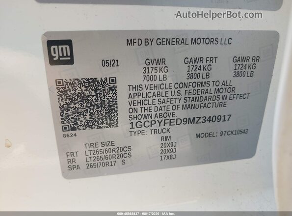 1GCPYFED9MZ340917 2021 CHEVROLET SILVERADO Белый Вид подкапотного пространства