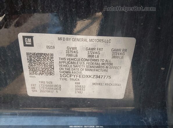 1GCPYFEDXKZ347775 2019 CHEVROLET SILVERADO Черный Вид подкапотного пространства