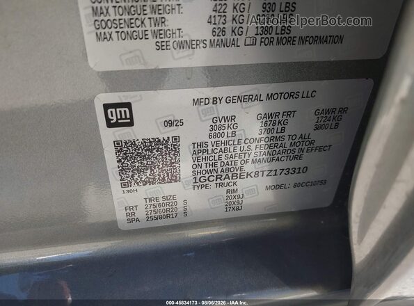 1GCRABEK8TZ173310 2026 CHEVROLET SILVERADO Gray Widok komory silnika