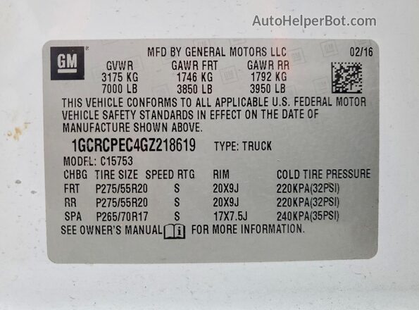1GCRCPEC4GZ218619 2016 CHEVROLET SILVERADO White VIN sticker view