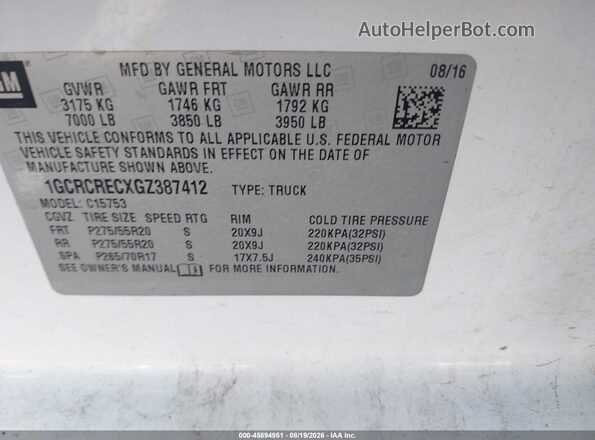 1GCRCRECXGZ387412 2016 CHEVROLET SILVERADO White Շարժիչի բաժամունքի տեսք
