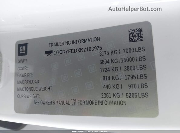 1GCRYEEDXKZ193975 2019 CHEVROLET SILVERADO White Vista del compartimento del motor