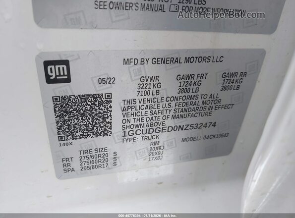 1GCUDGED0NZ532474 2022 CHEVROLET SILVERADO Белый Вид подкапотного пространства