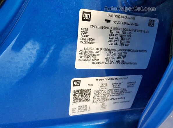 1GCUDGED4NZ544014 2022 CHEVROLET SILVERADO Blue Vista del compartimento del motor