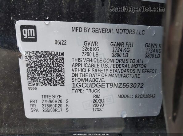 1GCUDGET9NZ553072 2022 CHEVROLET SILVERADO Black ძრავის განყოფილების ხედი