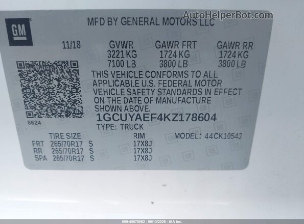 1GCUYAEF4KZ178604 2019 CHEVROLET SILVERADO Белый Вид подкапотного пространства