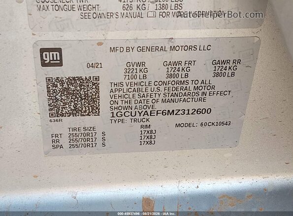 1GCUYAEF6MZ312600 2021 CHEVROLET SILVERADO Silver Engine compartment view