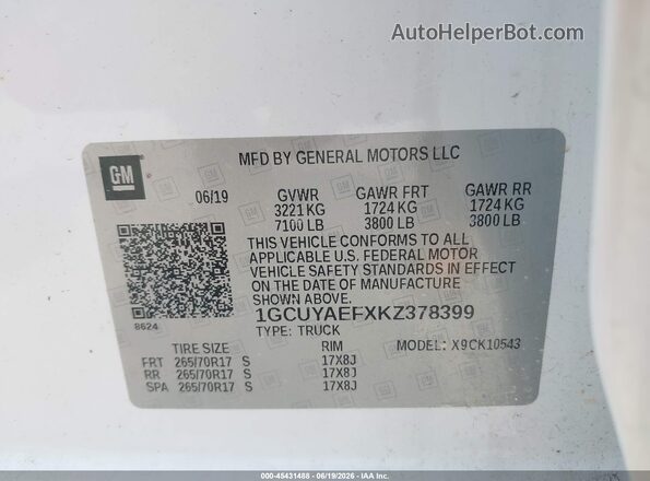 1GCUYAEFXKZ378399 2019 CHEVROLET SILVERADO White Вид підкапотного простору
