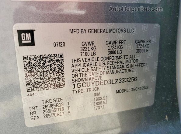 1GCUYDED3LZ333256 2020 CHEVROLET SILVERADO Серый Вид подкапотного пространства