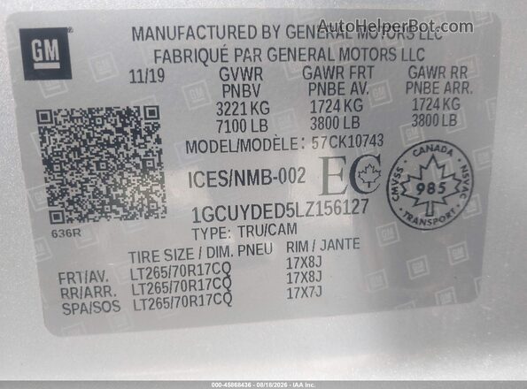 1GCUYDED5LZ156127 2020 CHEVROLET SILVERADO Silver Շարժիչի բաժամունքի տեսք