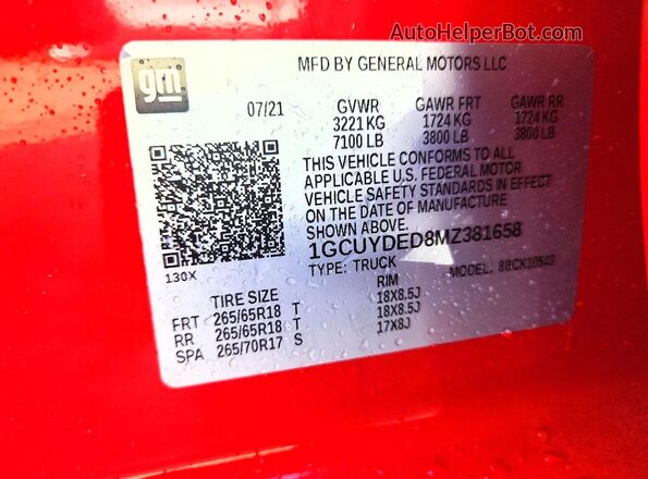 1GCUYDED8MZ381658 2021 CHEVROLET SILVERADO Red Vista de la etiqueta del VIN