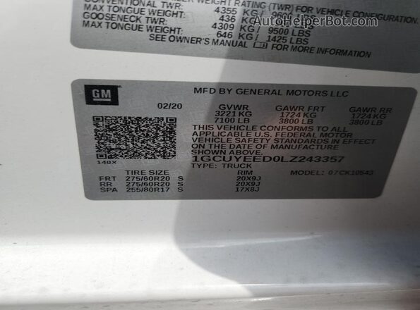 1GCUYEED0LZ243357 2020 CHEVROLET SILVERADO Белый Вид подкапотного пространства