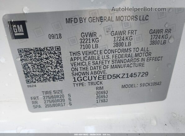 1GCUYEED5KZ145729 2019 CHEVROLET SILVERADO White Շարժիչի բաժամունքի տեսք