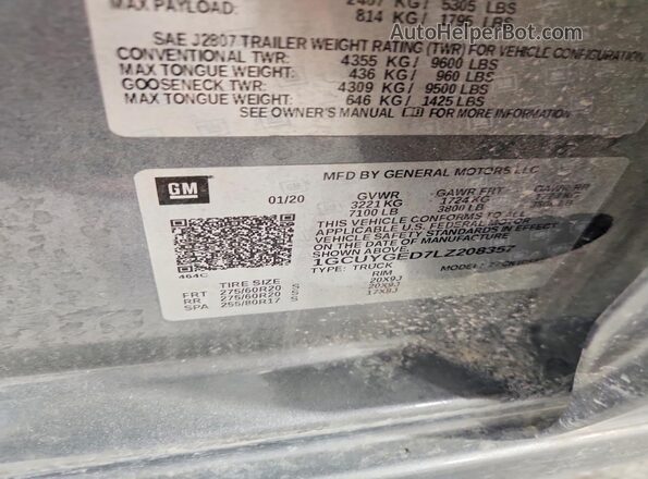 1GCUYGED7LZ208357 2020 CHEVROLET SILVERADO Серый Вид наклейки с VIN-кодом