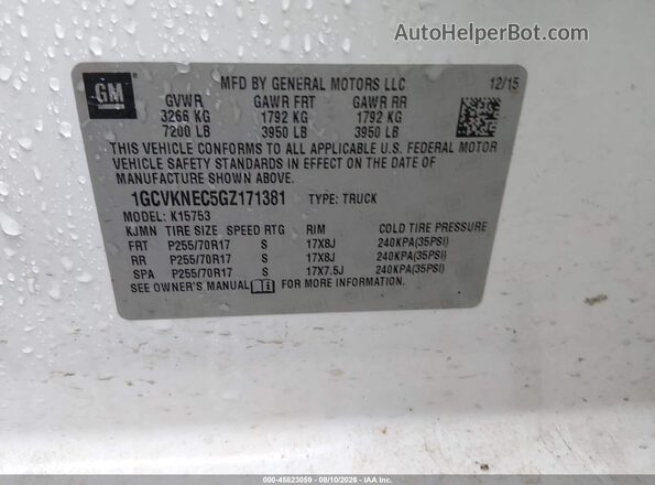 1GCVKNEC5GZ171381 2016 CHEVROLET SILVERADO White Vista del compartimento del motor