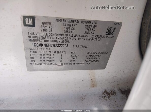 1GCVKNEH7HZ322203 2017 CHEVROLET SILVERADO White Շարժիչի բաժամունքի տեսք