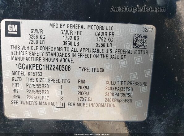 1GCVKPEC1HZ240306 2017 CHEVROLET SILVERADO Black Vista del compartimento del motor