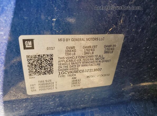1GCVKREC0JZ113807 2018 CHEVROLET SILVERADO Blue Вид підкапотного простору