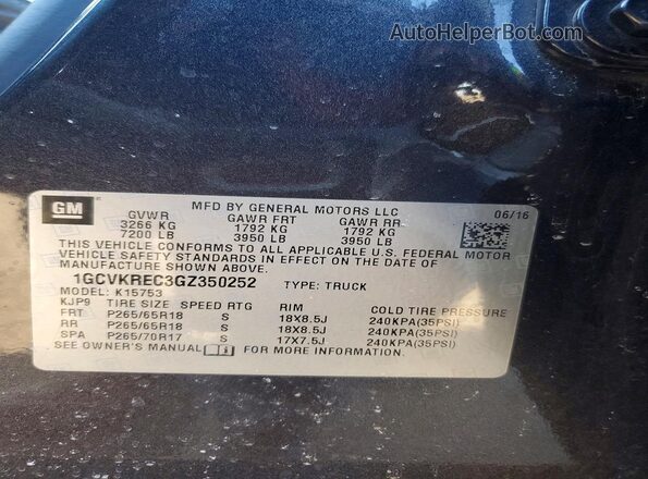 1GCVKREC3GZ350252 2016 CHEVROLET SILVERADO Charcoal Vista del compartimento del motor