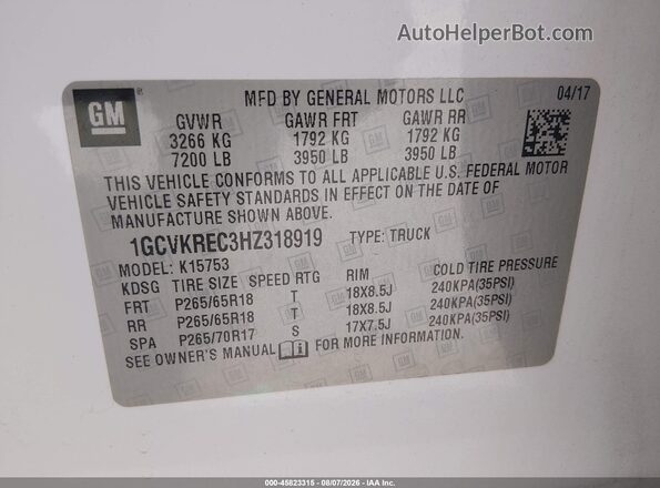 1GCVKREC3HZ318919 2017 CHEVROLET SILVERADO White ძრავის განყოფილების ხედი