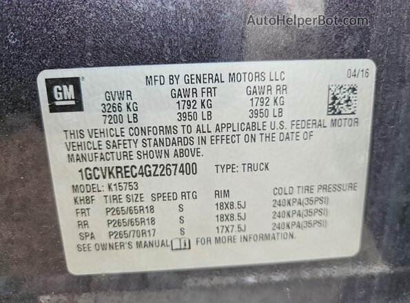 1GCVKREC4GZ267400 2016 CHEVROLET SILVERADO Charcoal Widok komory silnika